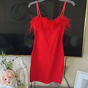 Hot & Delicious | Dresses | Holiday Ready Red Bodycon Dress Wmarabou Feather  Trim Back Zipper Small